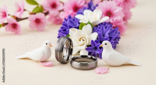 A close-up of a gold wedding ring on a pink orchid with a ribbon, celebrating love and nature