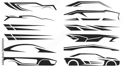 sport car decal stripe collection with speed racing graphics and tuning finish flag design elements, perfect for high-performance vehicle customization and motorsport-inspired vinyl wrap decoration

