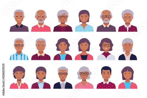 Diverse Senior Portraits: Collection of diverse senior adult avatars, representing a variety of ethnicities and appearances. Ideal for websites, presentations.