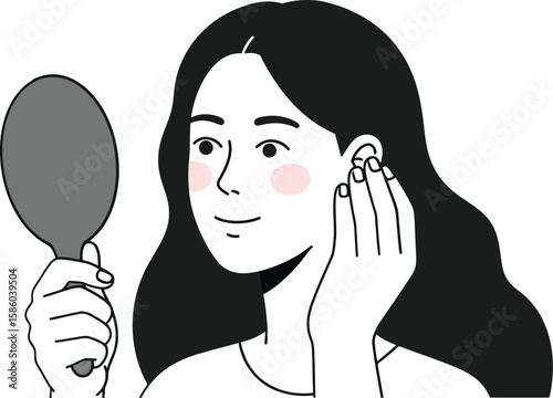 Woman with long black hair looking in hand mirror checking ear health and appearance vector illustration