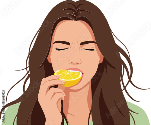 Woman eating fresh lemon slice enjoying healthy citrus fruit snack vector illustration