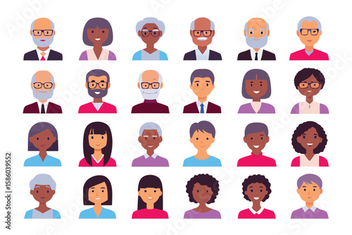 Diverse Faces: A collection of diverse individuals of different ages and backgrounds, rendered in a flat vector illustration, reflecting unity and representation.