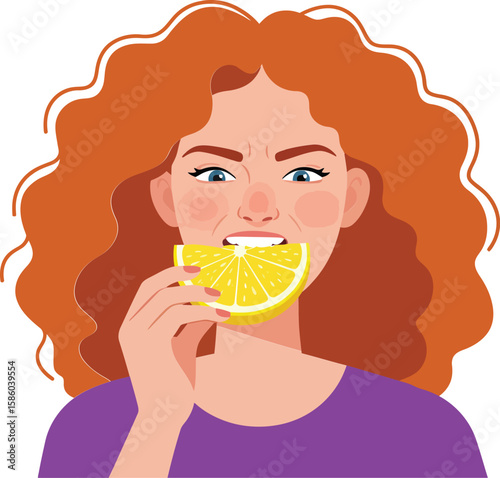 Redhaired woman biting lemon slice smiling with purple shirt vector illustration