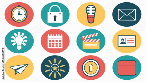 Collection of twelve flat design icons representing business and lifestyle elements