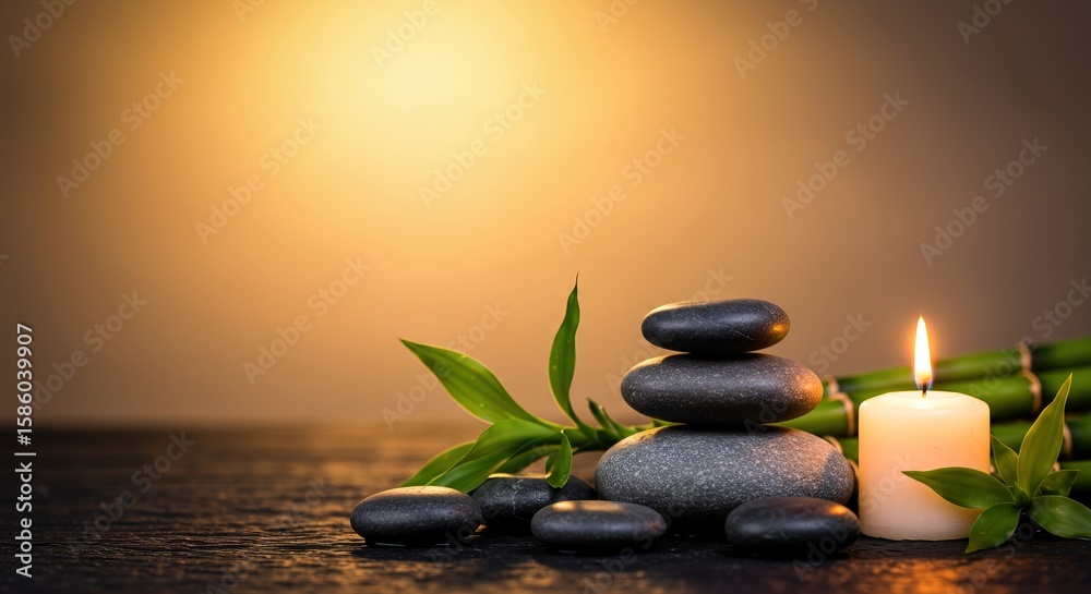 Obraz premium Tranquil zen stones balanced near a candle and bamboo offer serenity and calm