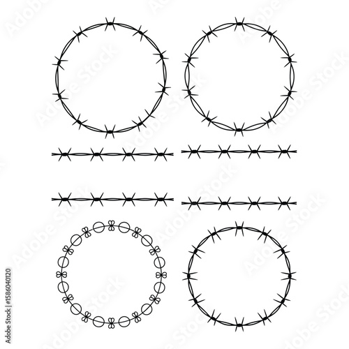 Collection of barbed wire silhouette frames and decorative circular ornament border in isolated black and white vector