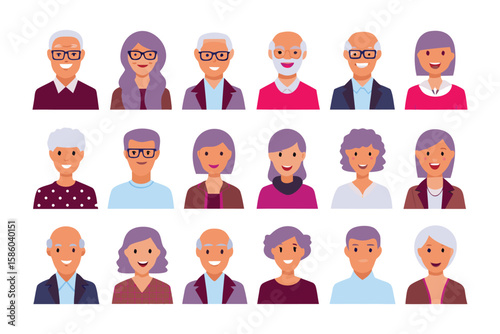 Diverse Senior Faces: A vibrant montage showcases a diverse collection of senior adult faces, each radiating unique personalities, expressions, and characteristics in a lively graphic resource.