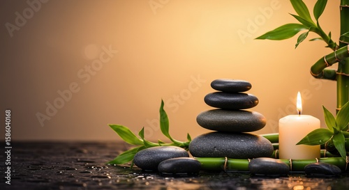 Serene spa arrangement features stacked zen stones, bamboo stalks, and a glowing candle providing balance and tranquility.