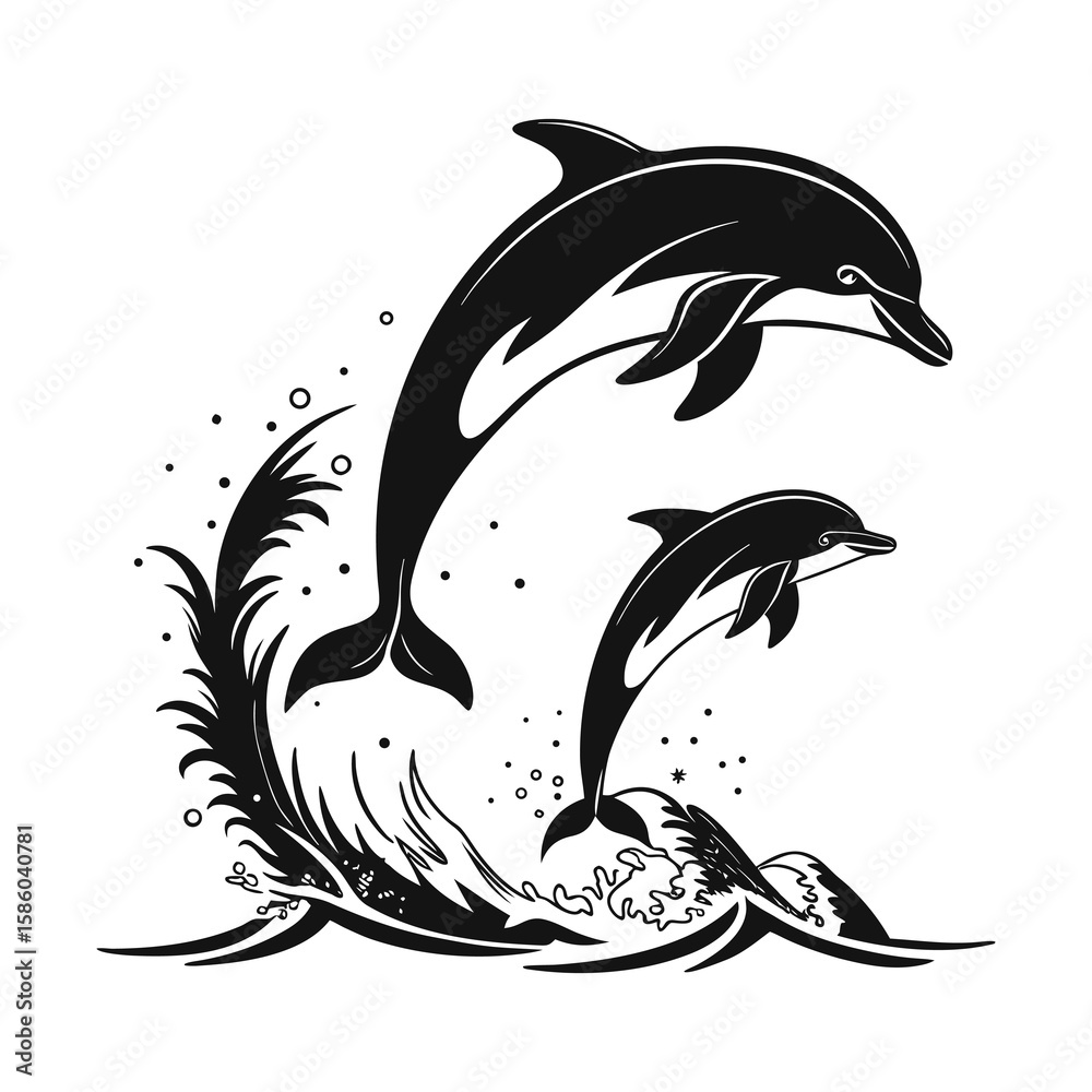 Obraz premium Black and White Vector Illustration of a Jumping Shark .