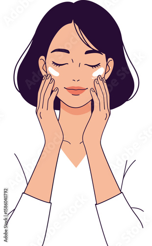 Woman applying facial cream with closed eyes skincare routine beauty and self care concept vector illustration