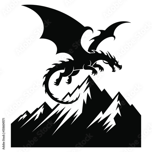 Dragon silhouette flying over mountain vector isolated black and white fantasy design