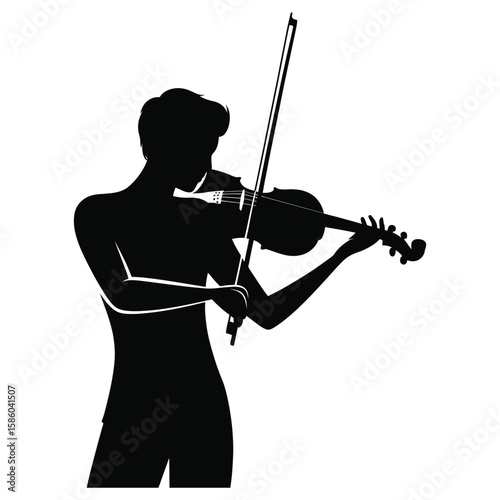 Dynamic silhouette of solitary violinist playing violin in elegant pose vector isolated black and white