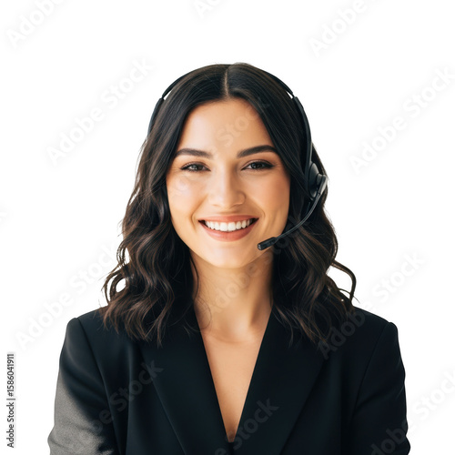 Smiling woman with headset in call center isolated on transparent background