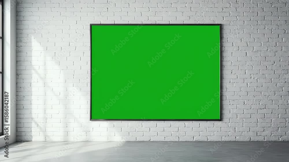 Green screen on a white brick wall in a minimalist room.