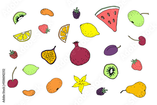 Colorful fruit icon collection. Various fresh organic product sketches doodle style. Healthy eating diet nutrition agriculture designs. White background flat vector outline