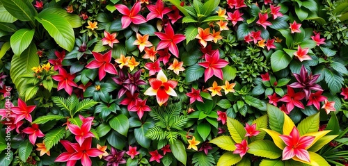 Fototapeta Naklejka Na Ścianę i Meble -  Lush green wall of diverse tropical plants, vibrant foliage with colorful blooms,  background,  botanical