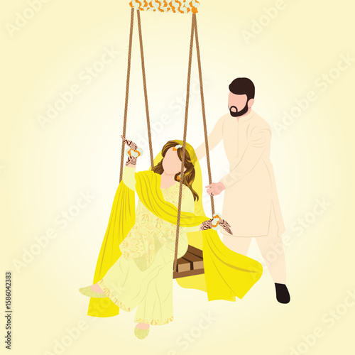 Indian wedding. Indian haldi night. Haldi, Dholki, Mehndi night invitation card. Editable vector illustration for traditional rajasthani indian haldi , mehendi wedding setup, sangeet night decoration