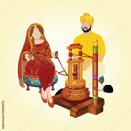 Indian wedding. Indian haldi night. Haldi, Dholki, Mehndi night invitation card. Editable vector illustration for traditional rajasthani indian haldi , mehendi wedding setup, sangeet night decoration