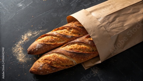 Two rustic sourdough baguettes in a brown paper bag, dark moody food photography, artisanal bakery, freshly baked bread.