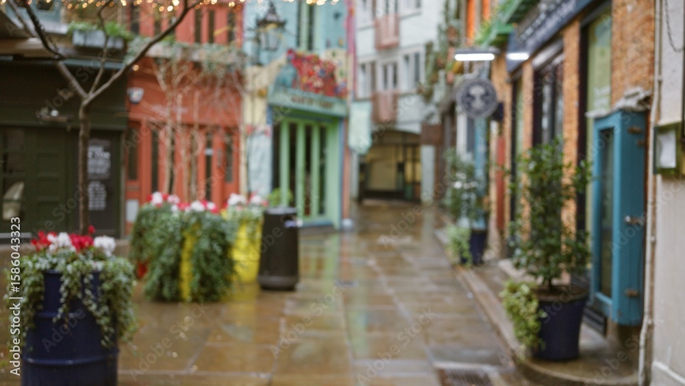 Fototapeta premium Defocused view of colorful neal's yard in london's winter, featuring blurred storefronts and festive lights.