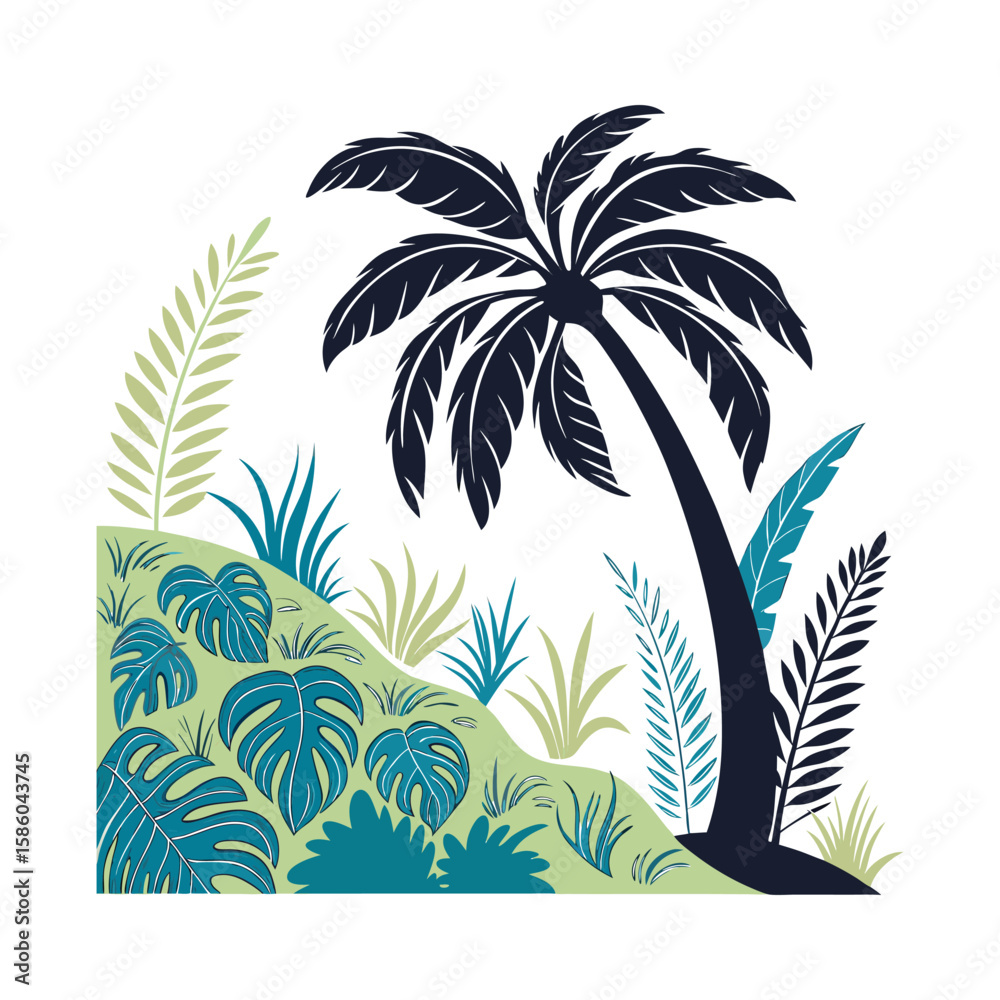 Fototapeta premium Tropical Palm Tree and Jungle Leaves Illustration – Exotic Island Nature in Modern Vector Style