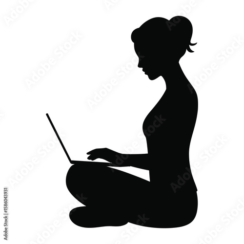 Minimalist silhouette of a woman sitting cross-legged and typing on laptop with potted succulent beside her in vector style