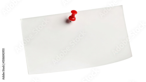 Blank white paper note held by a red pushpin isolated on transparent background