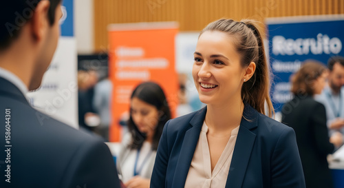 Young Businesswoman Networking at a Career Fair.