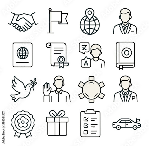 Diplomatic symbols and roles line icons. handshake, international flag, globe with embassy pin, ambassador figure, diplomatic passport, treaty