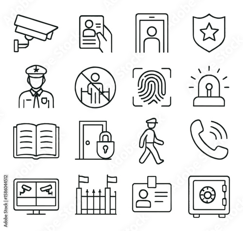 Security and protocols line icons. surveillance camera, ID check, metal detector, security badge, embassy guard, restricted area sign