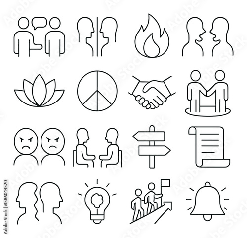 Conflict and resolution line icons. debate icon, opposing views, conflict flame, raised voices, calming symbol, peace icon, compromise handshake