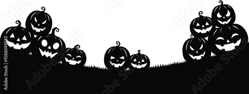 spooky pumpkin silhouette border, haunted stack of pumpkin on ground silhouette footer, funny halloween jack o lantern horizontal decoration illustration