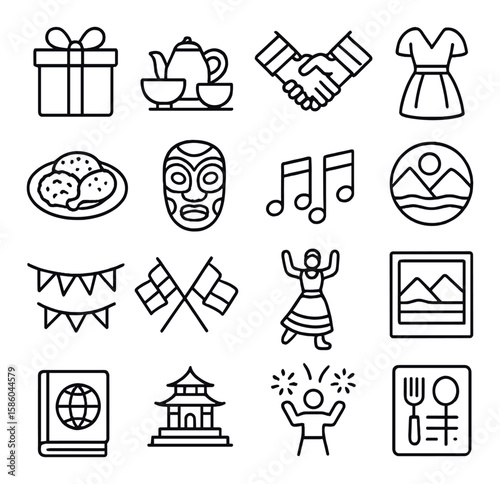 Cultural exchange items line icons. gift box, tea set, handshake across flags, ethnic dress, local food plate, traditional mask, shared music