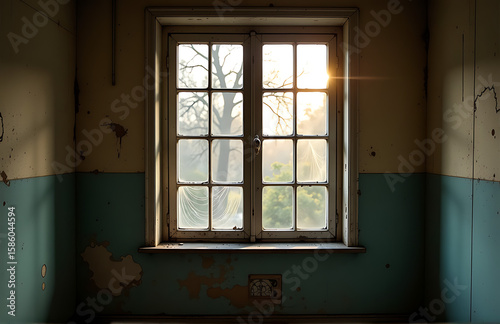 warm diffused light filters grimy panes dusty old window casting soft glow worn walls peeling