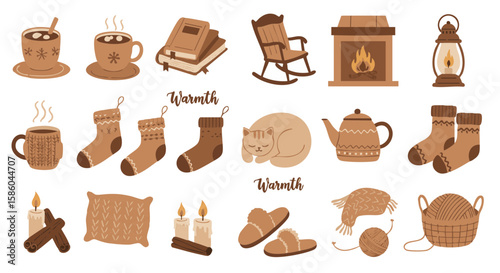 Set of 15 Cozy Winter Icons in Flat Style Isolated on White