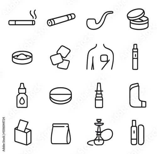 Nicotine delivery methods line icons. cigarette, cigar, pipe, chewing tobacco, snuff, nicotine gum, nicotine patch, vape pen, e-liquid bottle
