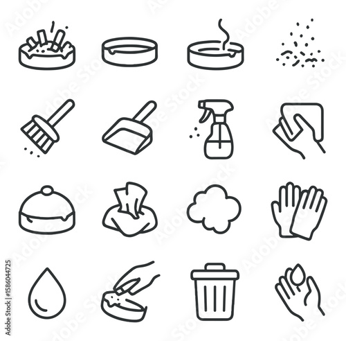 Ashtray and cleanliness line icons. overflowing tray, empty tray, tray with smoke, scattered ash, cleaning brush, dustpan, sanitizer spray