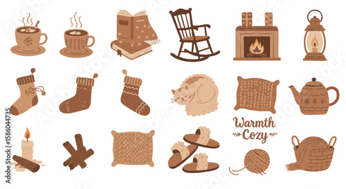 Set of 15 Cozy Winter Icons in Flat Style Isolated on White
