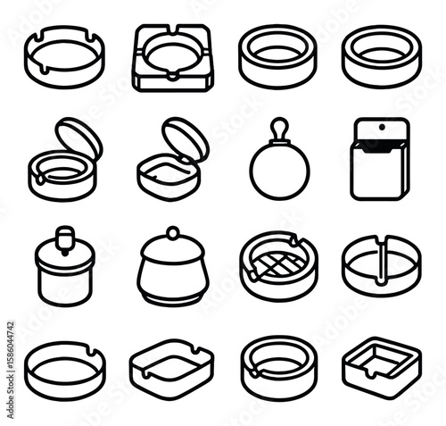 Types of ashtrays line icons. classic round ashtray, square ashtray, glass ashtray, ceramic ashtray, metal ashtray, portable ashtray, pocket