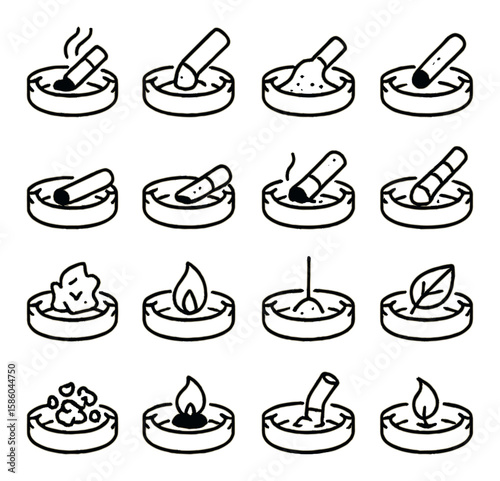 Objects inside ashtrays line icons. cigarette butt, cigar stub, ash pile, burned matchstick, match head, filter tip, half-burnt cigarette, roach