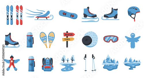 Set of 15 Winter Sports and Activities Icons in Flat Style