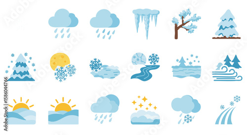 Set of 15 Winter Weather and Nature Icons in Flat Style