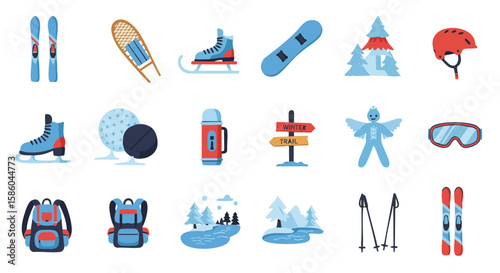 Set of 15 Winter Sports and Activities Icons in Flat Style