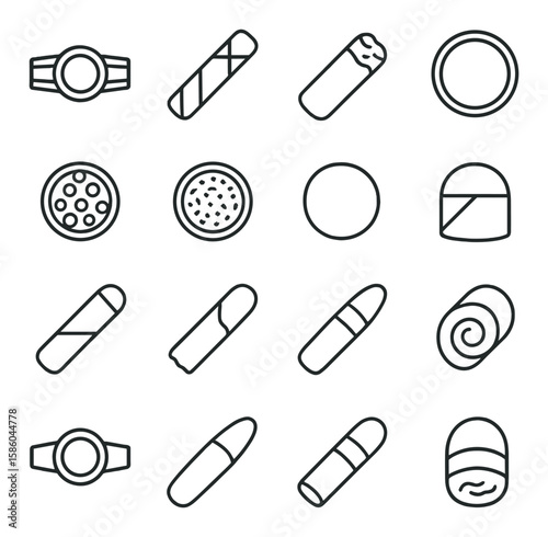 Shapes and patterns in cigars line icons. cigar band, wrapper texture, ash tip, cigar ring gauge, cross section, packed filler, rounded end