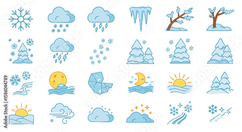 Set of 15 Winter Weather and Nature Icons in Flat Style