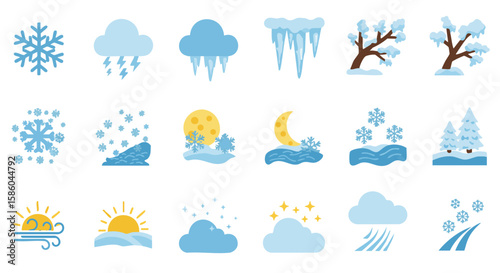 Set of 15 Winter Weather and Nature Icons in Flat Style