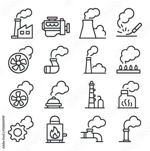 Industrial and mechanical smoke line icons. factory stack, diesel engine, coal power plant, welding smoke, exhaust fan, ventilation duct