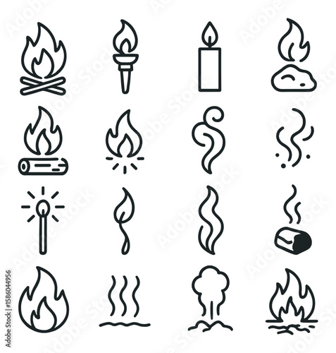 Fire and smoke combination line icons. campfire, torch, lit candle, ember, burning log, fire spark, smoke swirl, ash, flare stick, burned match