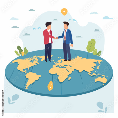 Flat vector illustration of business people from different countries standing on a world map