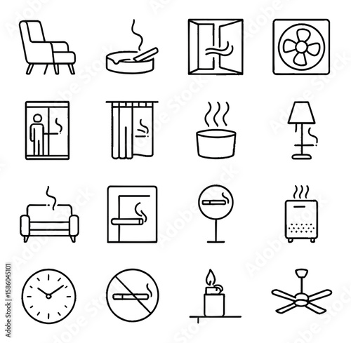Indoor smoking environments line icons. lounge chair, ashtray, open window, ventilation fan, smoking booth, curtain, odor absorber, lamp, couch